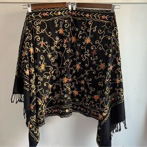 Black Floral Embroidered Shawl with Fringe